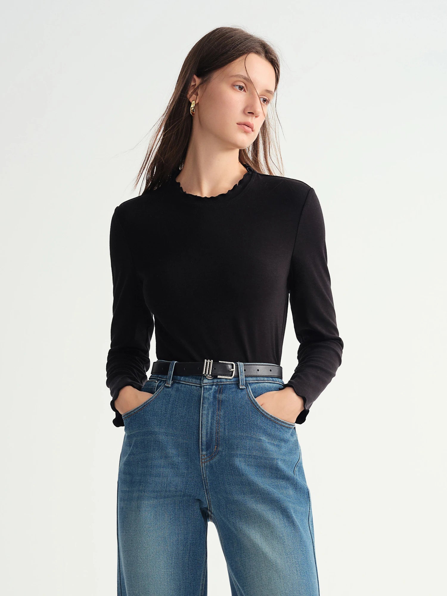 DUSHU Self-Heating Wool T-shirts Half-High Collar Soft Knit  Women's Longline Bralette Fall Winter Curvy Solid Color Pullovers
