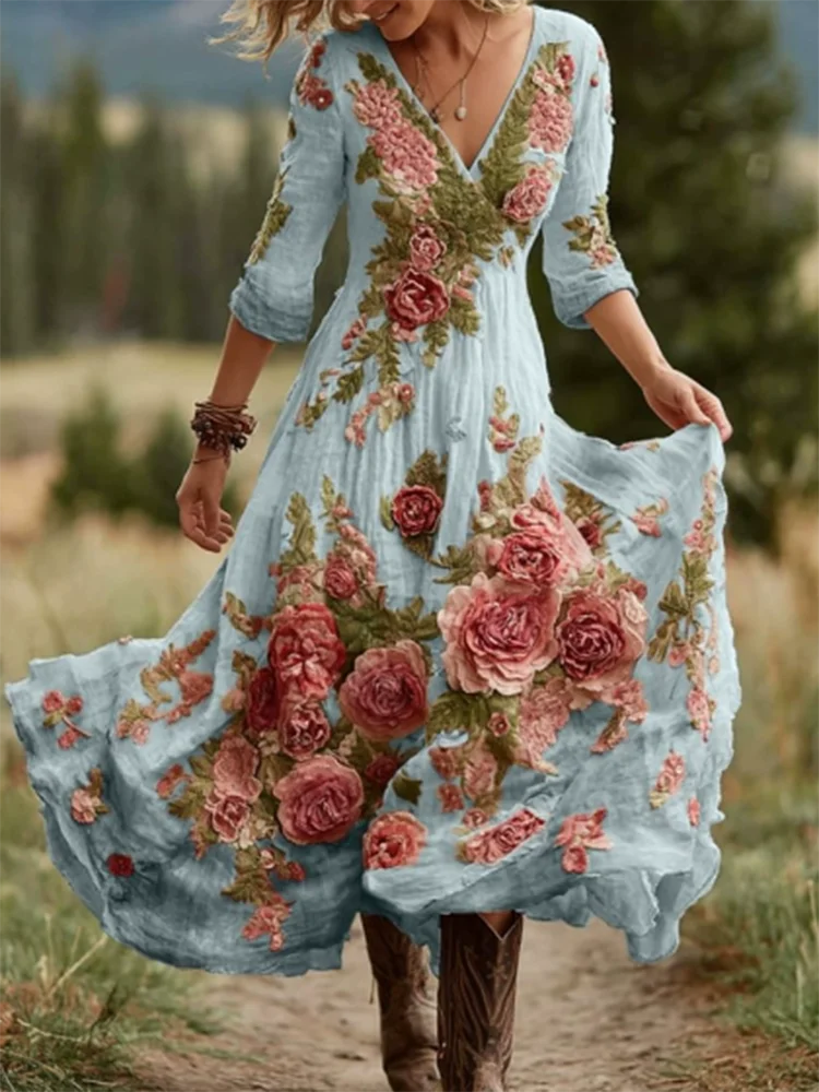 Casual Long Sleeve Party Dresses Elegant Flower Print Waist Big Swing Long Dress Women's Sexy Deep V-neck Draped Bohemian Dress