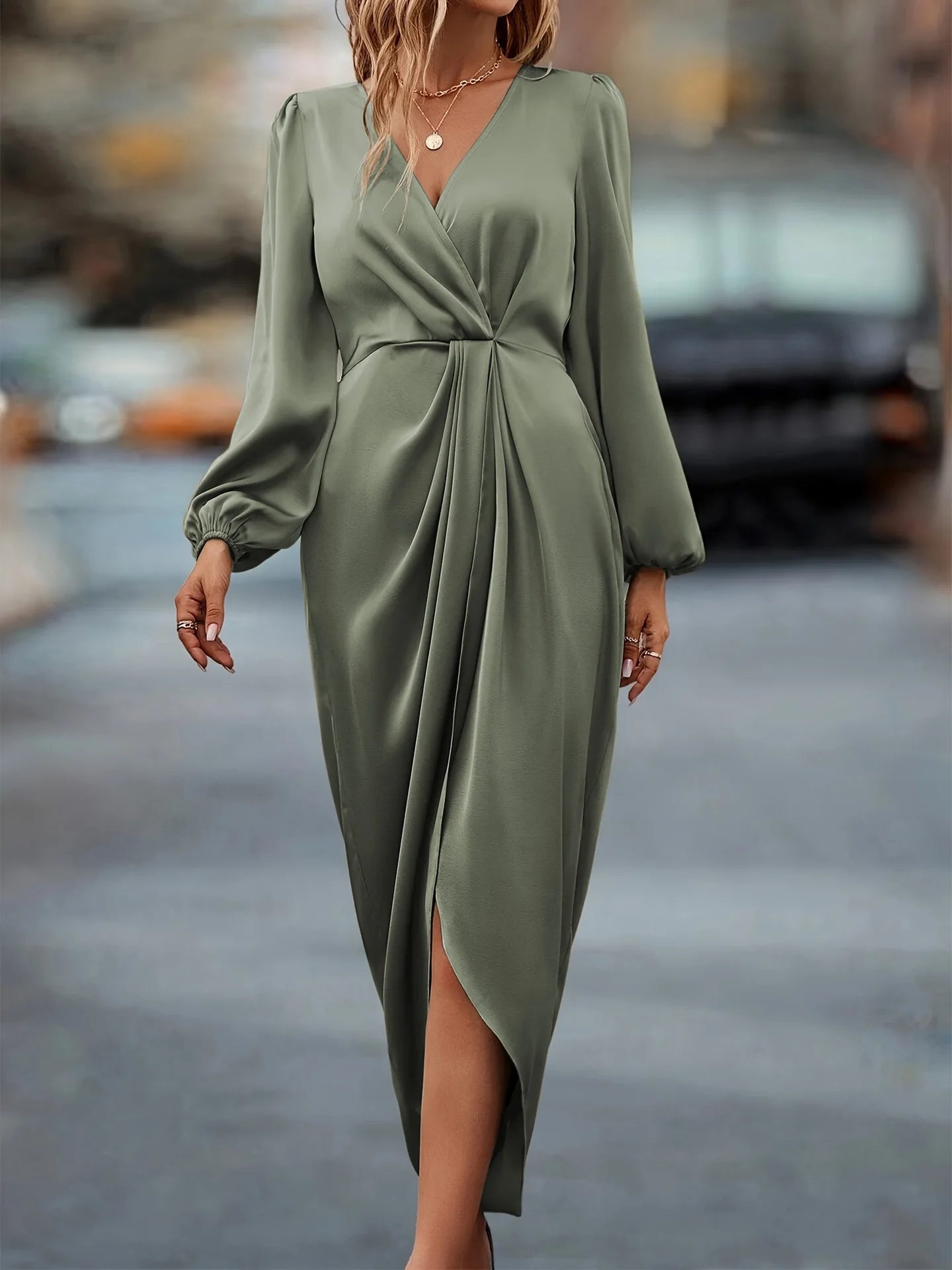 Women's Satin Evening Party Maxi Dress Draped Silk V-Neck Long Sleeve Office Lady  Midi Dresses Vestidos Sexy Chic Robes Longue
