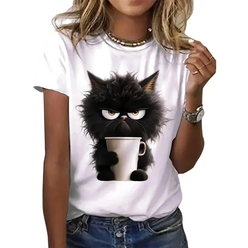 Funny Cat Women Summer White Printed T-shirt Girl Casual Short Sleeve O Neck Top For Summer