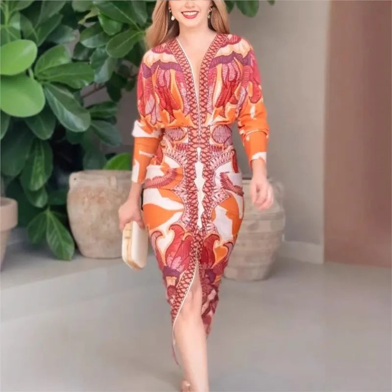 Women Elegant Print Sexy V-Neck Long Dresses Fashion Lady Long Sleeve Party Dress Summer 2025 Open Slit Temperament Office Dress
