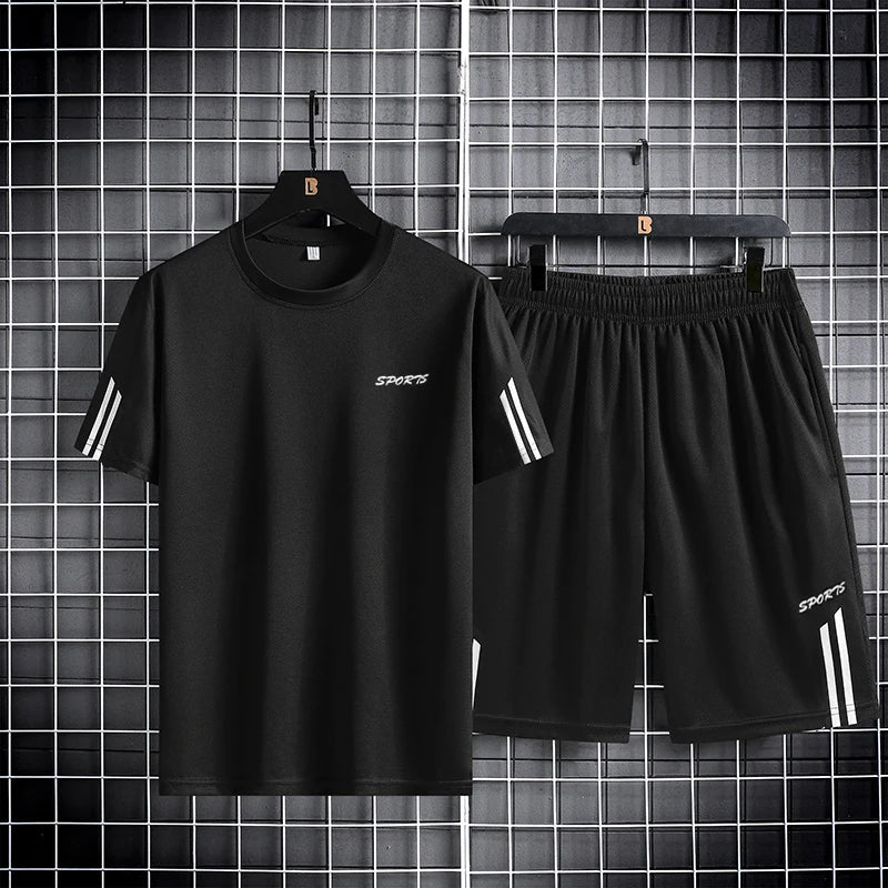 Three bar men's sports suit summer ice silk breathable mesh quick drying clothes quick drying pants outdoor running two-piece se