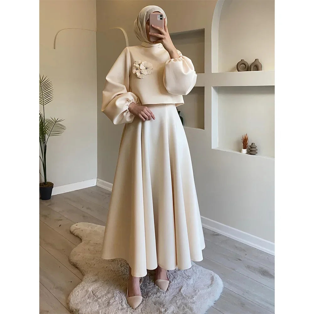 Eid Dubai Fashion Set 2 Piece Women Lantern Sleeve Top Shirt & Skirts Suits Appliques Sets
