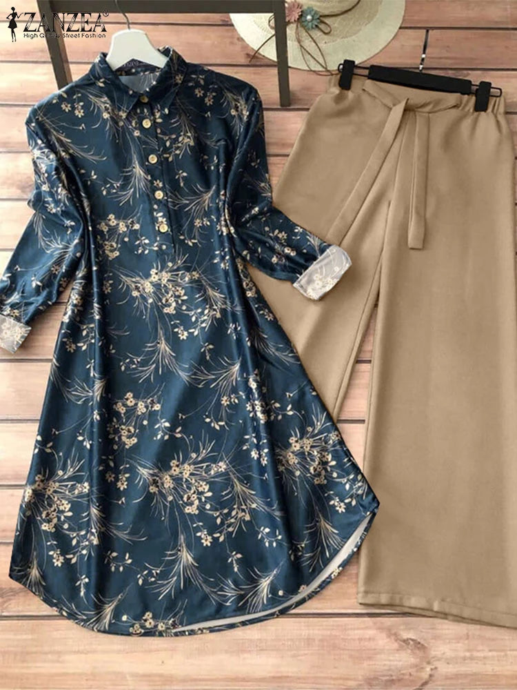 ZANZEA Women 2 PC Pant Sets Vintage Floral Print Tops Solid Wide Leg Long Pant Sets Elegant Outfits Two Piece Suits Casual