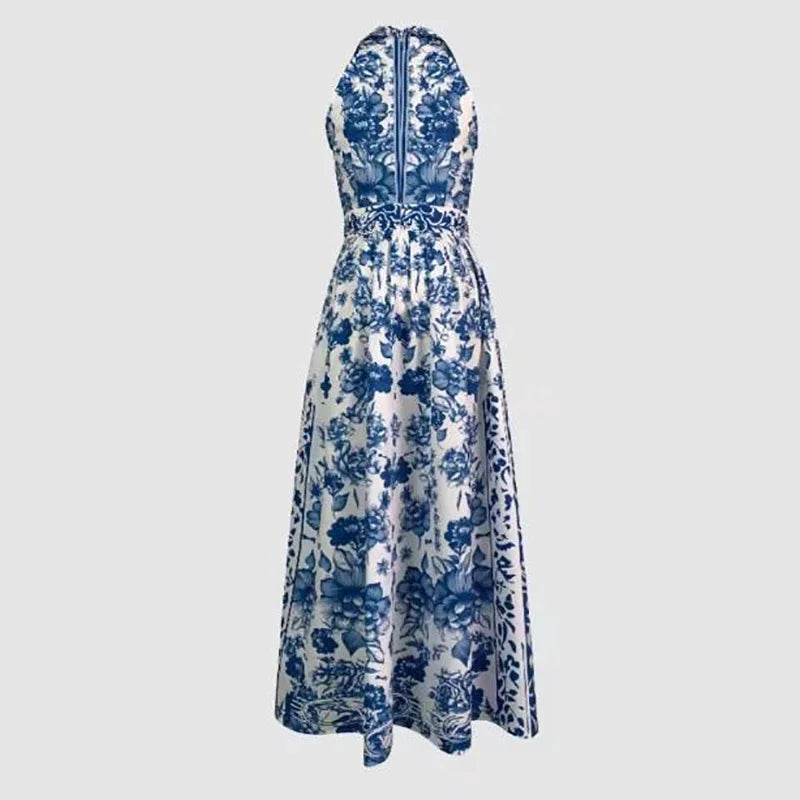 Elegant Party Evening Long Dresses New Vintage Classic Blue Geometric Pattern Flower Printed Lapel A-Line Dresses For Women