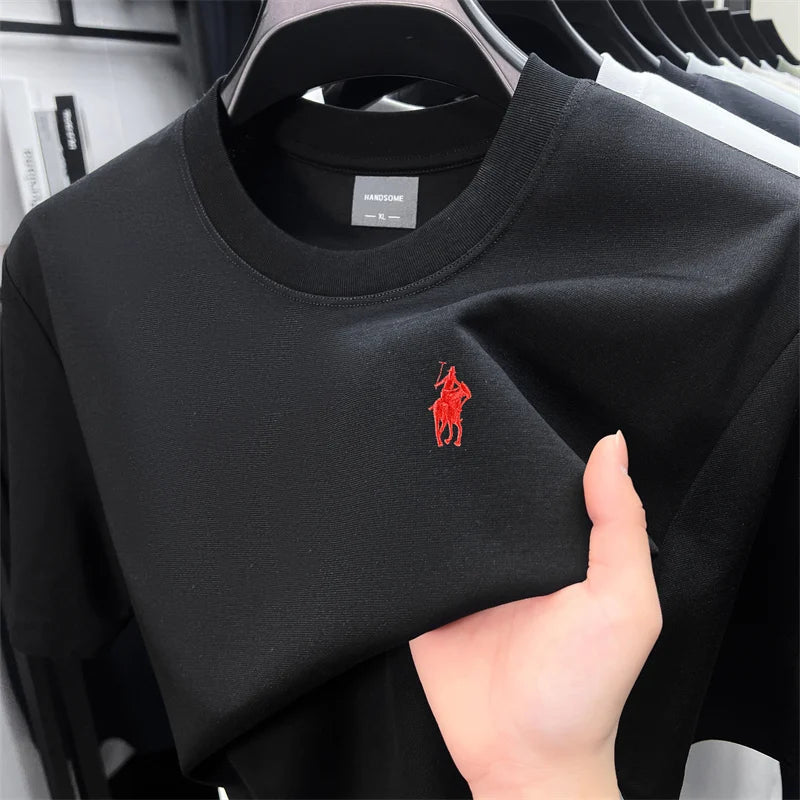 High end short sleeve T-shirt men's fashion brand pony embroidery summer new silk cotton breathable casual round neck Paul top