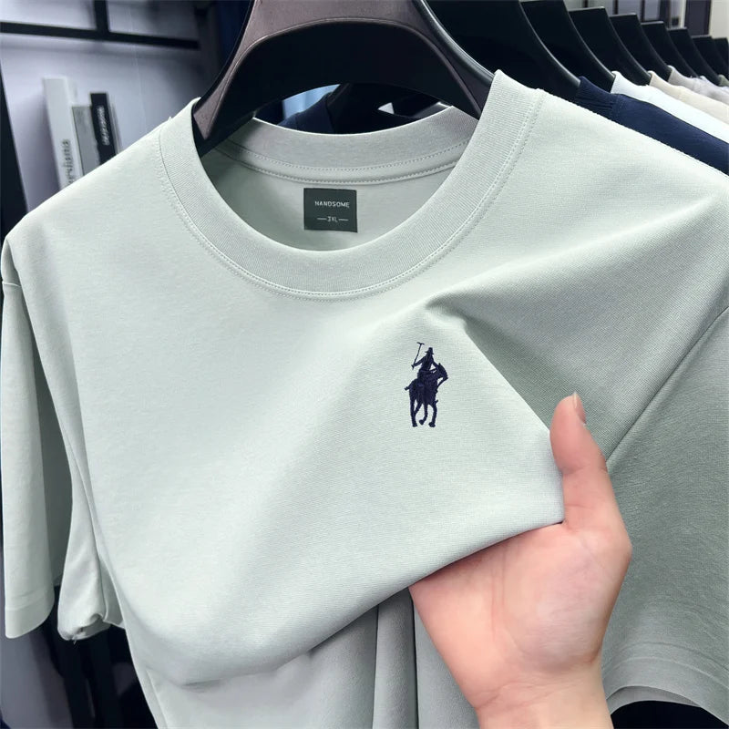 High end short sleeve T-shirt men's fashion brand pony embroidery summer new silk cotton breathable casual round neck Paul top