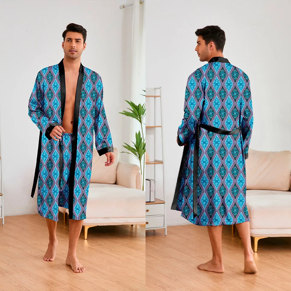 Men 2 Pieces Sleepwear Leopard Bathrobe Set  Homme Long Mens Sleepwear Loungewear Home Dressing Gown