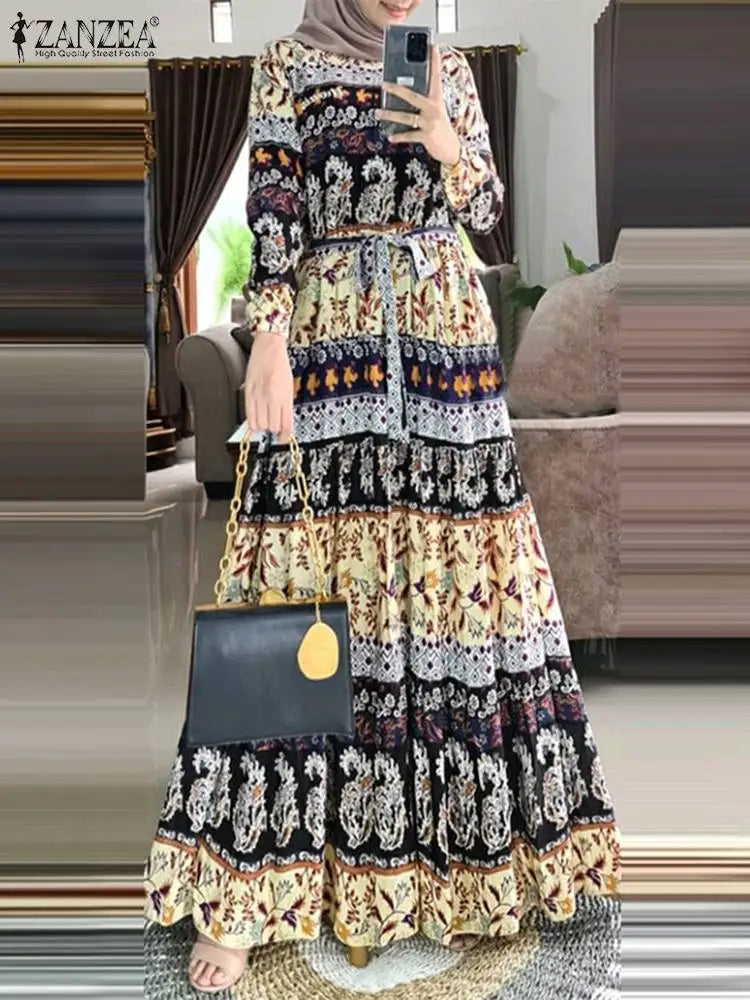 ZANZEA Bohemian Abaya Women Elegant  Stylish Floral Printed Maxi Dresses Casual Loose Ramadan Vestidos Kaftan 2024