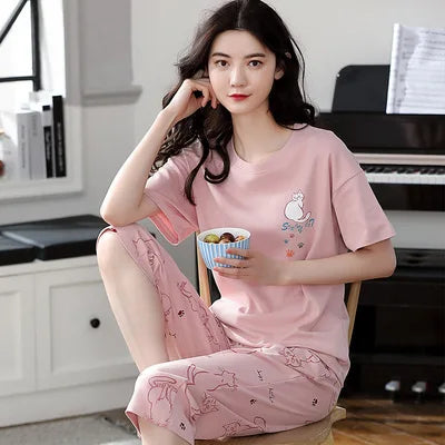 Women Sleepwear Half-Sleeve Seven-Quarter Trousers Student Nightwear Homewear Set Round Neck Cartoon Ladies Pajamas Loungewear