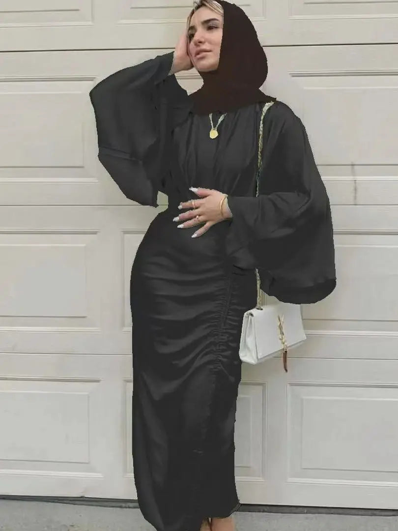 Ramadan Eid Djellaba Feminine Muslim Dress Dubai Shiny Soft Silky Abaya Dubai Turkey Muslim Islam Abayas Robe with belt WY805