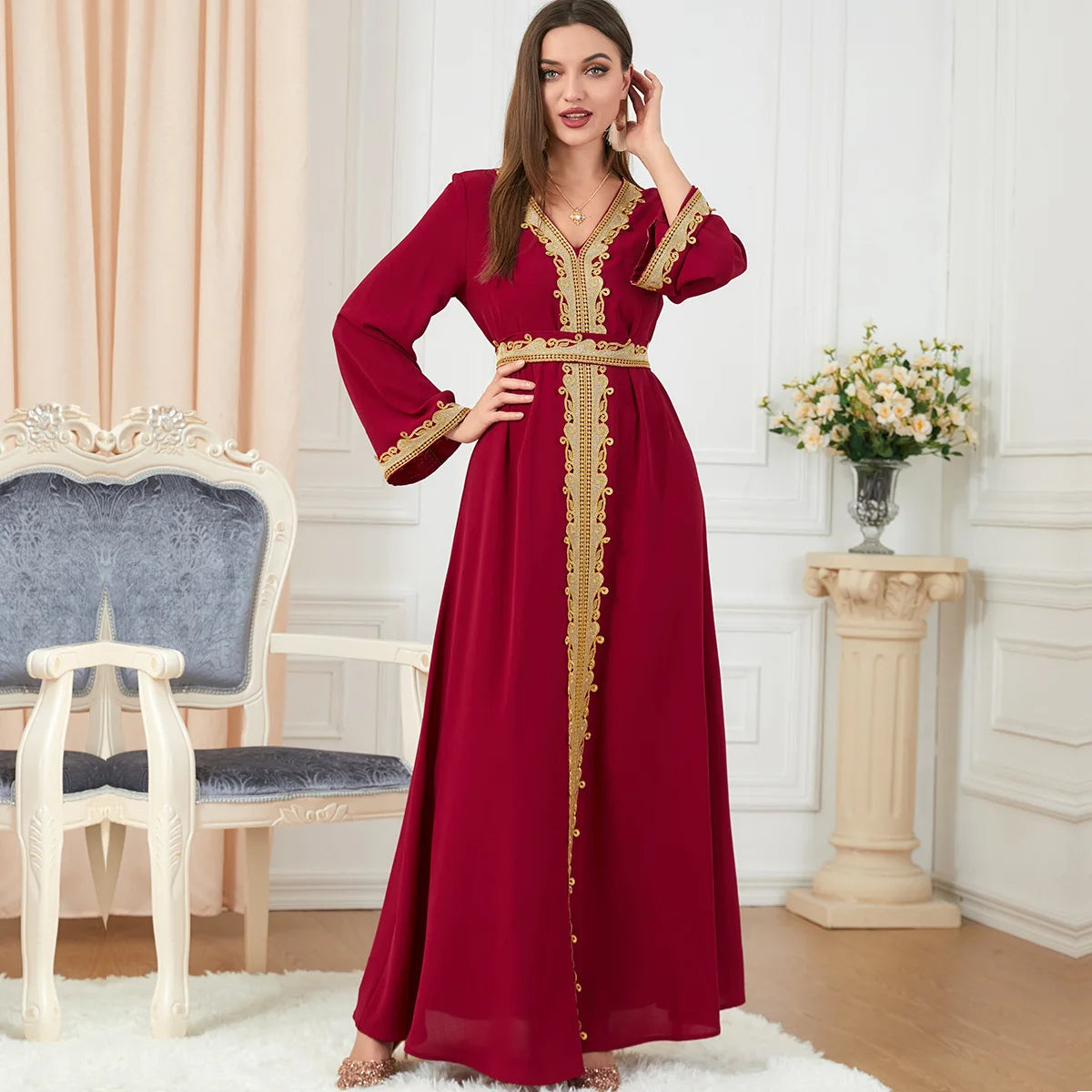 Women's Abaya Clothing Pure Color Splicing Basic Loose Embroidered Long Skirt Long Sleeve Dress