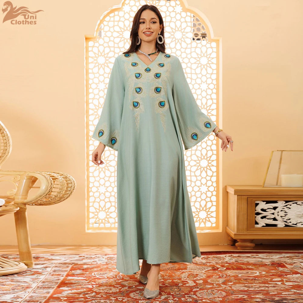 Elegant Women Evening Dress Solid V-Neck abaya Long Sleeve