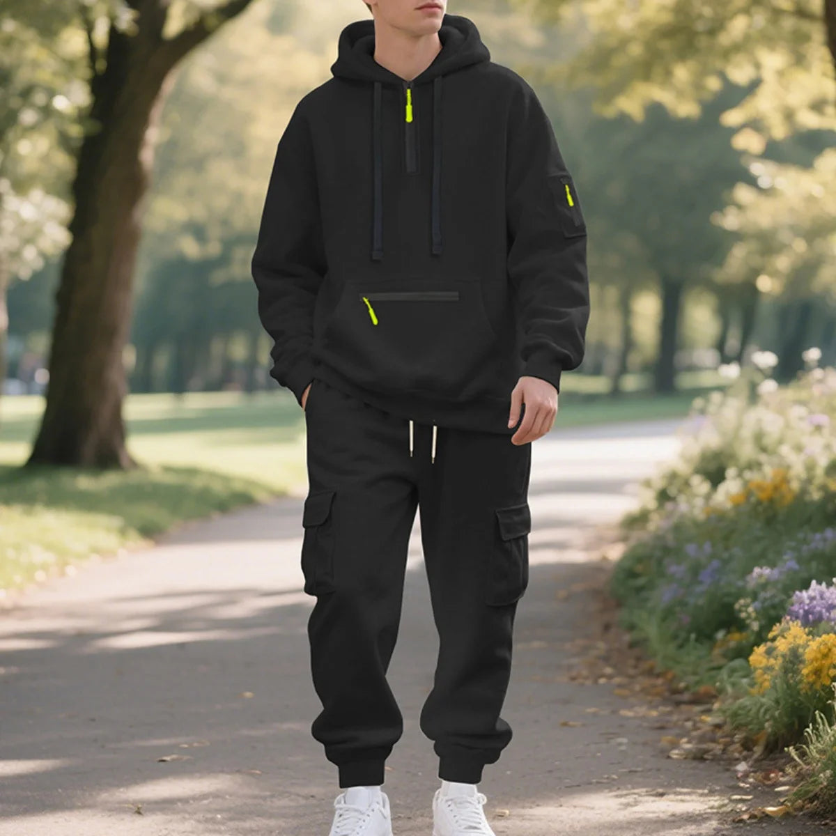 Men's Fleece Hooded Half-Zip Sweatshirt And Loose Sport Pants Set Casual Autumn/Winter Multi-Pocket Fashion Track Suit