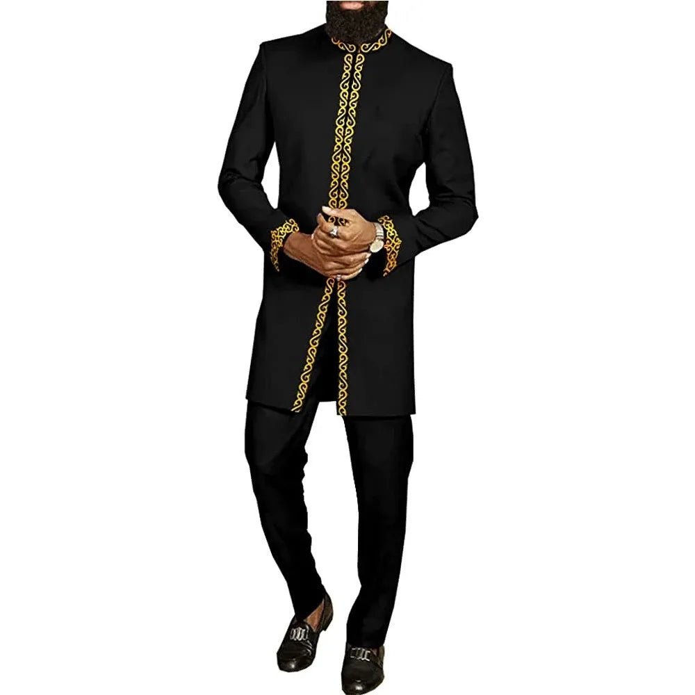Mans Tracksuits Suits Set Kaftan Embroidered Long Sleeve Tops Pants 2Pcs Set Outfits Wedding Wear African Ethnic Casual Clothing