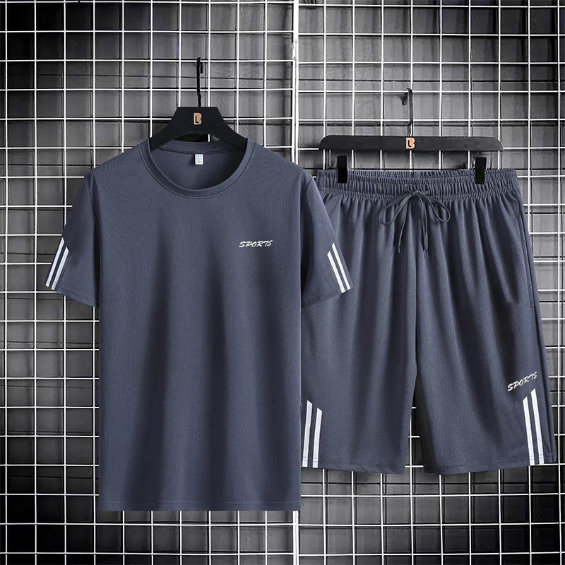 Three bar men's sports suit summer ice silk breathable mesh quick drying clothes quick drying pants outdoor running two-piece se
