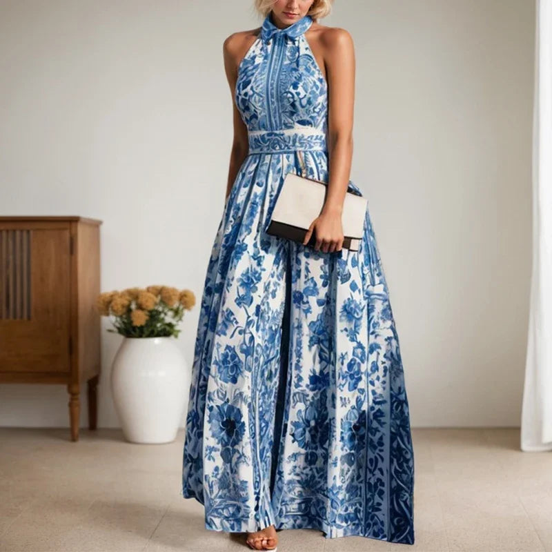 Elegant Party Evening Long Dresses New Vintage Classic Blue Geometric Pattern Flower Printed Lapel A-Line Dresses For Women