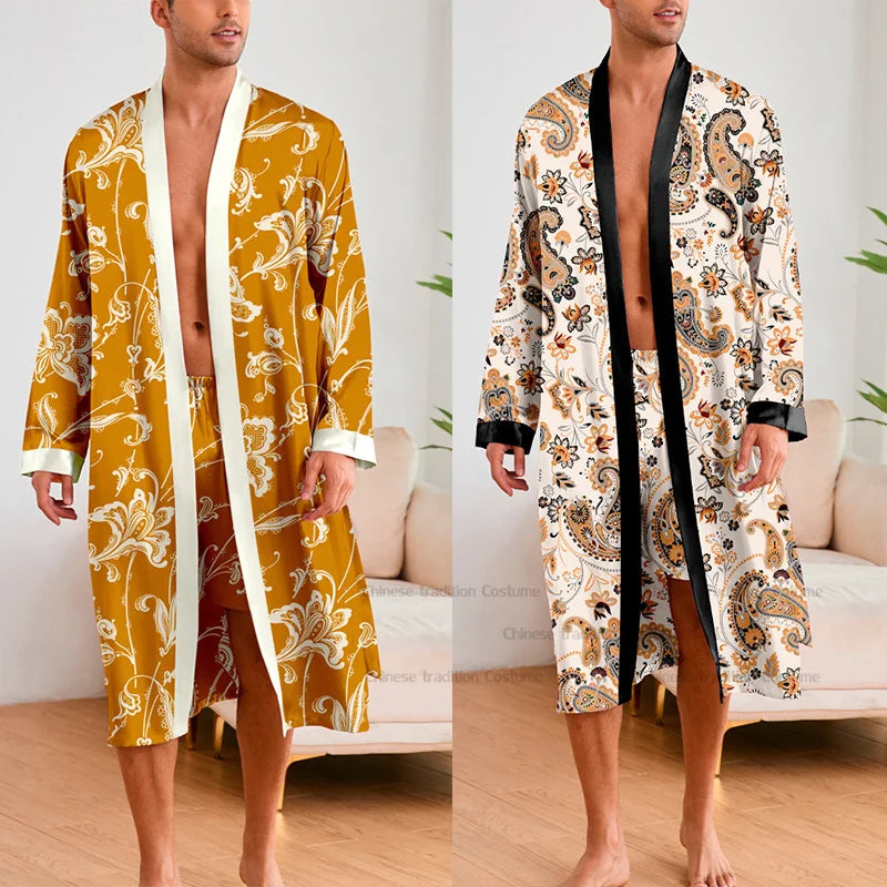 Men 2 Pieces Sleepwear Leopard Bathrobe Set  Homme Long Mens Sleepwear Loungewear Home Dressing Gown