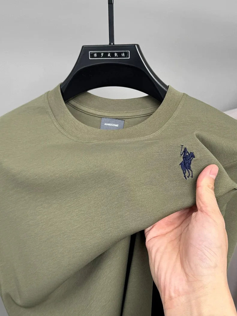 High end short sleeve T-shirt men's fashion brand pony embroidery summer new silk cotton breathable casual round neck Paul top
