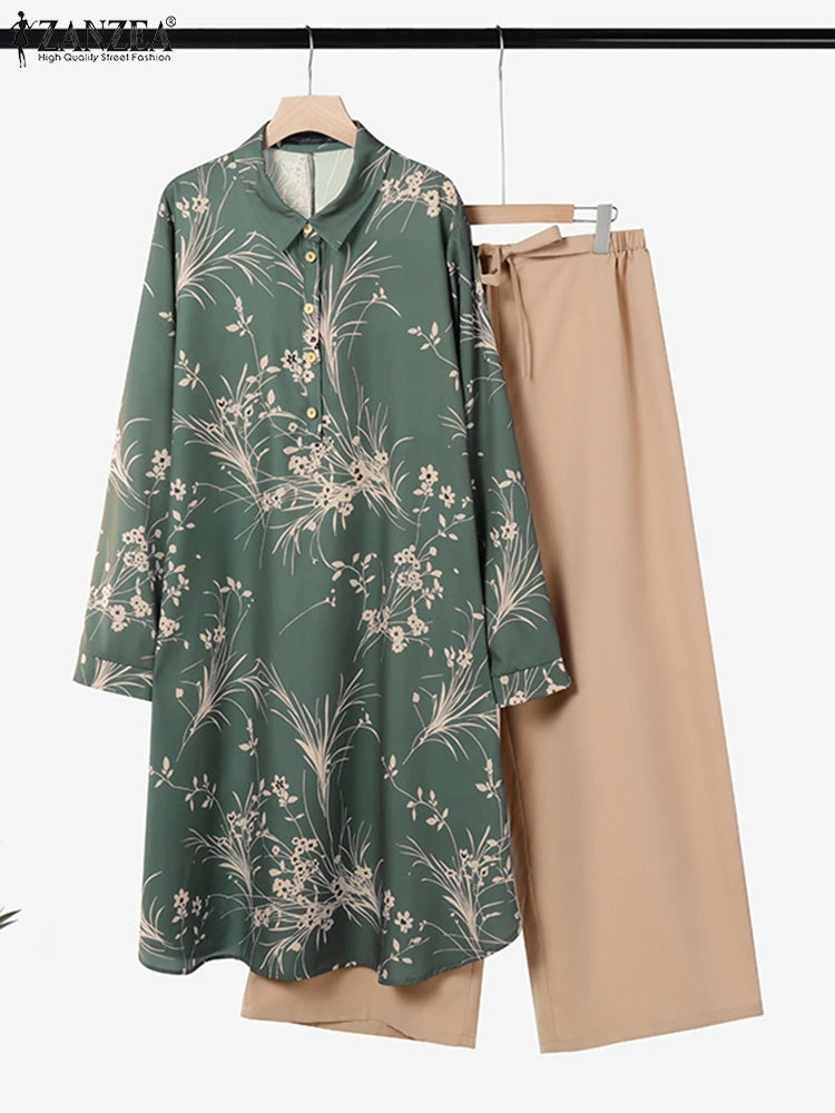 ZANZEA Women 2 PC Pant Sets Vintage Floral Print Tops Solid Wide Leg Long Pant Sets Elegant Outfits Two Piece Suits Casual