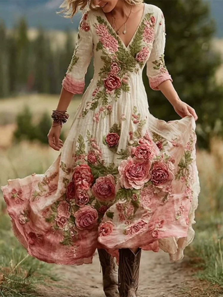 Casual Long Sleeve Party Dresses Elegant Flower Print Waist Big Swing Long Dress Women's Sexy Deep V-neck Draped Bohemian Dress