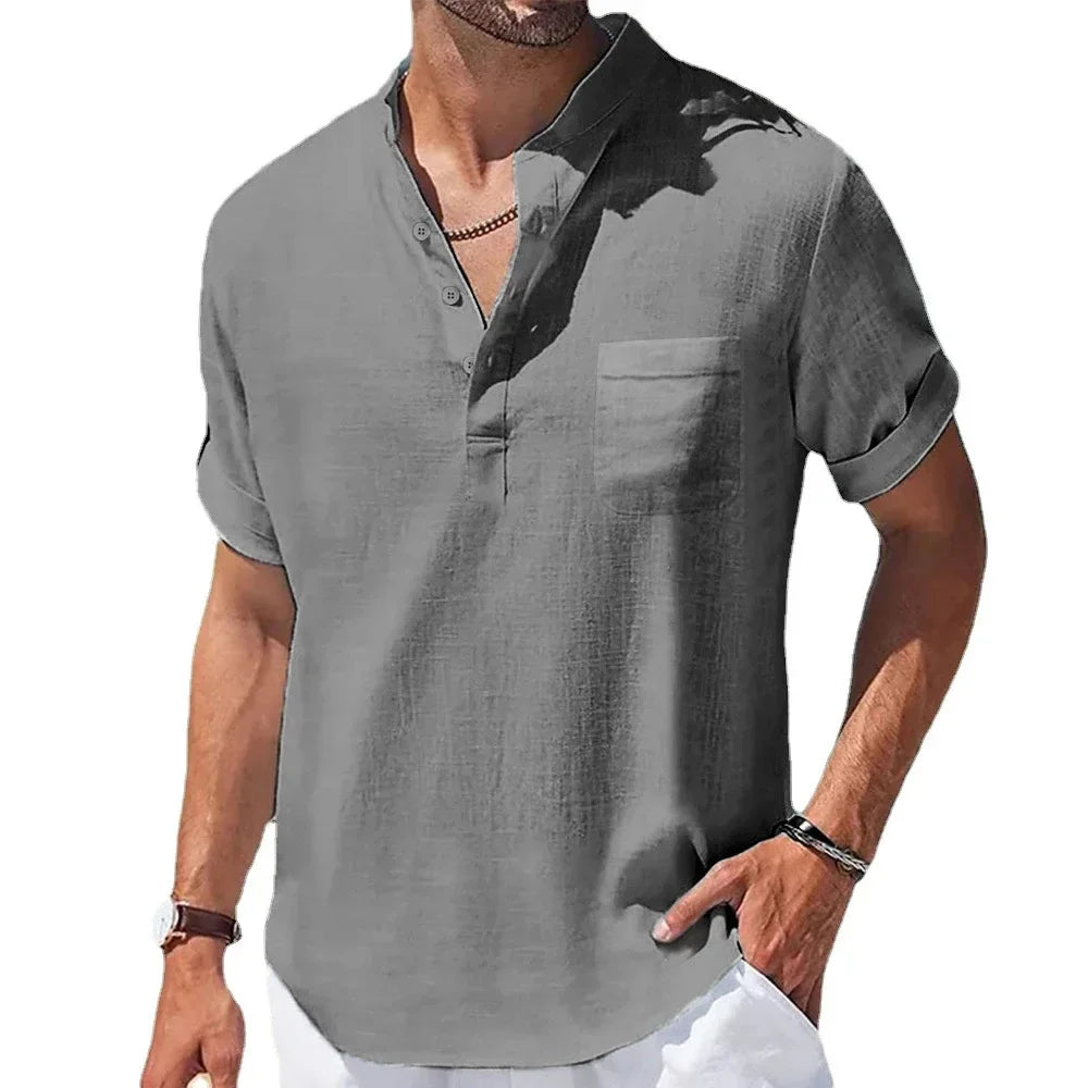 New Men's Casual Henley Collar Shirts Summer Solid Color Short Sleeve Cotton Linen Shirt Breathable Loose Beach T-Shirts