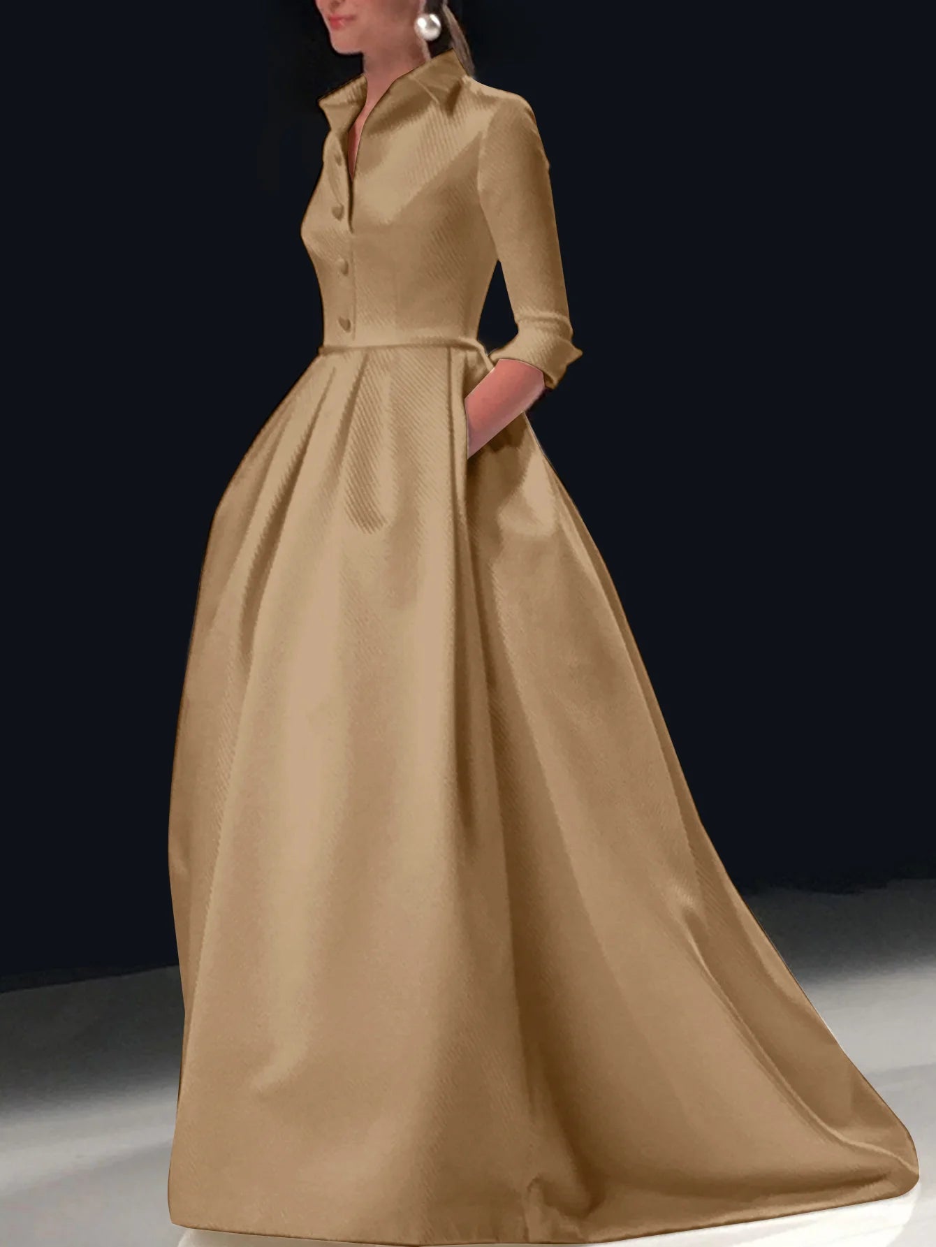 Fashion Elegant Long Dress for Women Solid Color Party Evening Bridesmaid Pockets Turndown Collar Maxi Dress Vestidos de gala