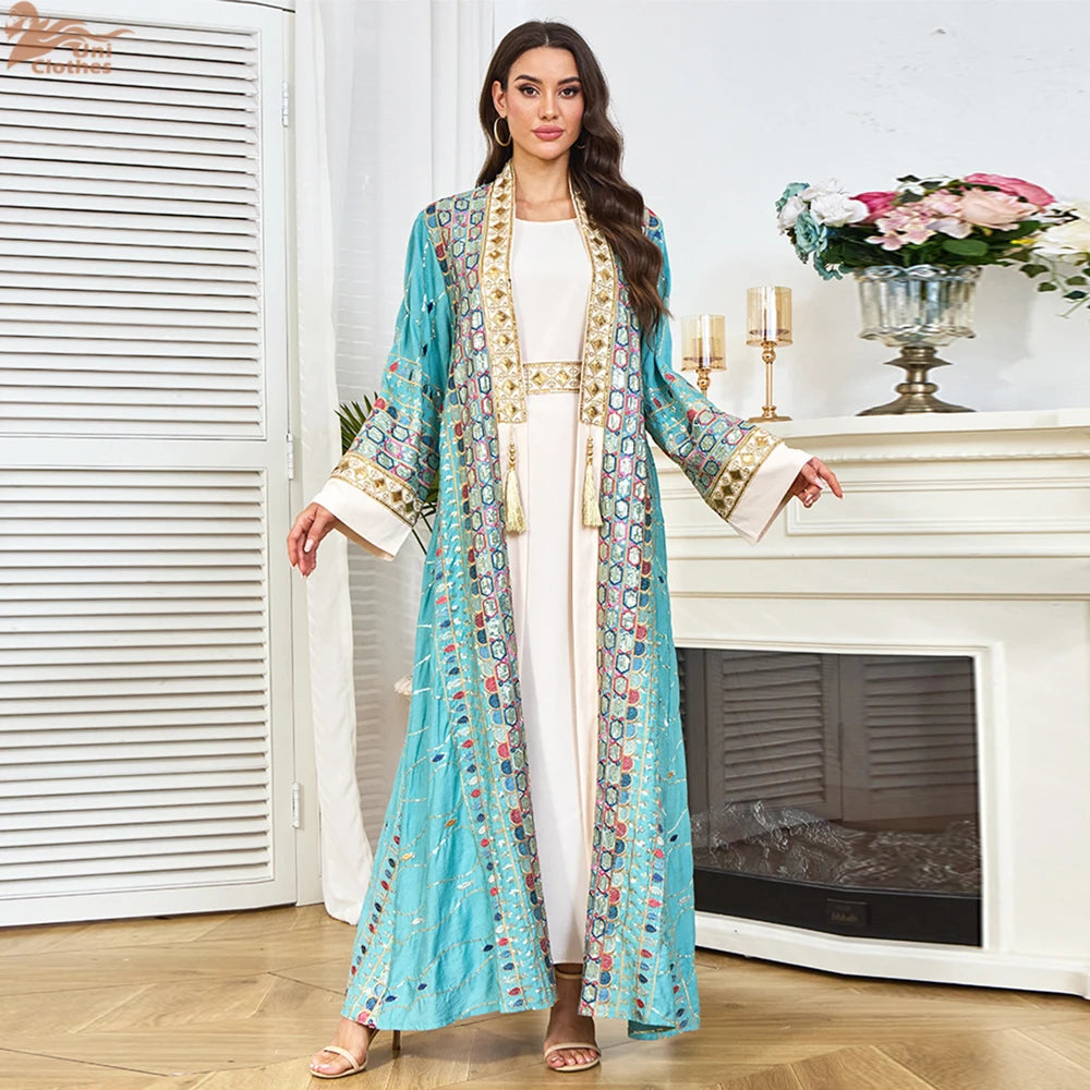 2025 Dubai Luxury Sequin Embroidered Dress  Women Open Abayas Maxi Dress Robe Set