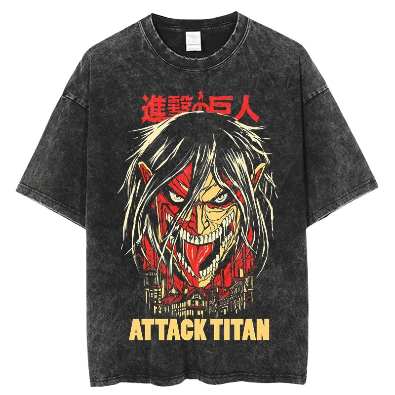 Anime Attack on Titan Tshirts Vintage Washed T Shirt Harajuku Oversize Cotton Tee Cotton Fashion Streetwear Unisex Top