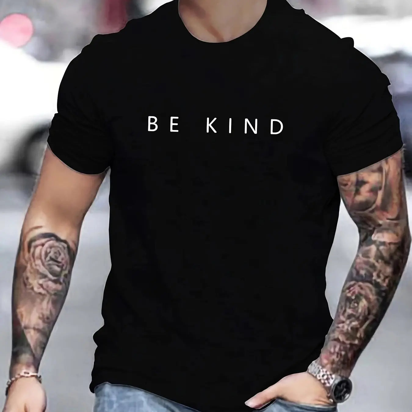 Men's Summer Loose Fit  100 Cotton be Kind Print T-shirt Tops O-neck Pactwork