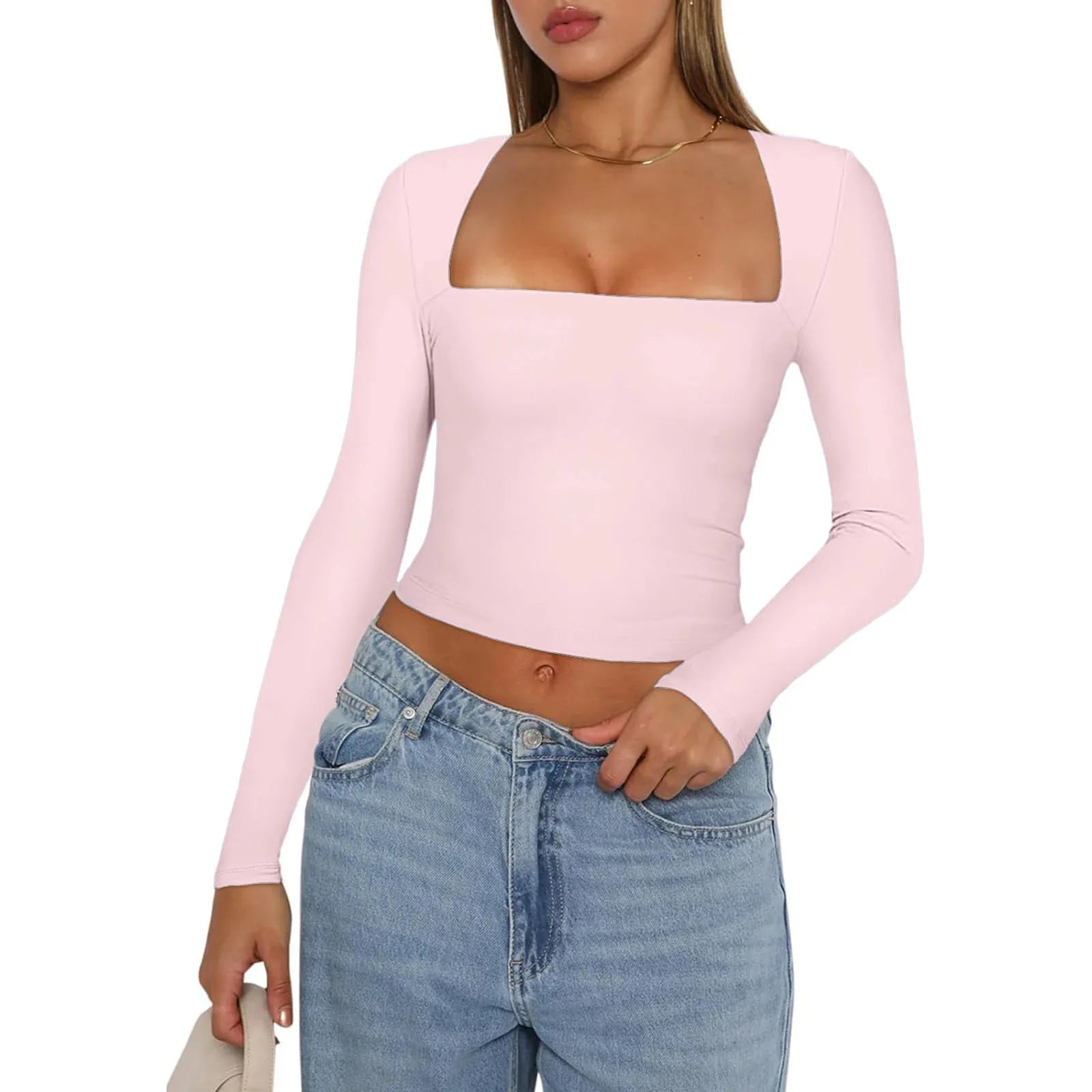 Women's Slim Fit Crop Tops Fashion Long Sleeve Square Neck Solid Color Pullover Basic T-Shirt Dressy Blouses 2024 New Streetwear
