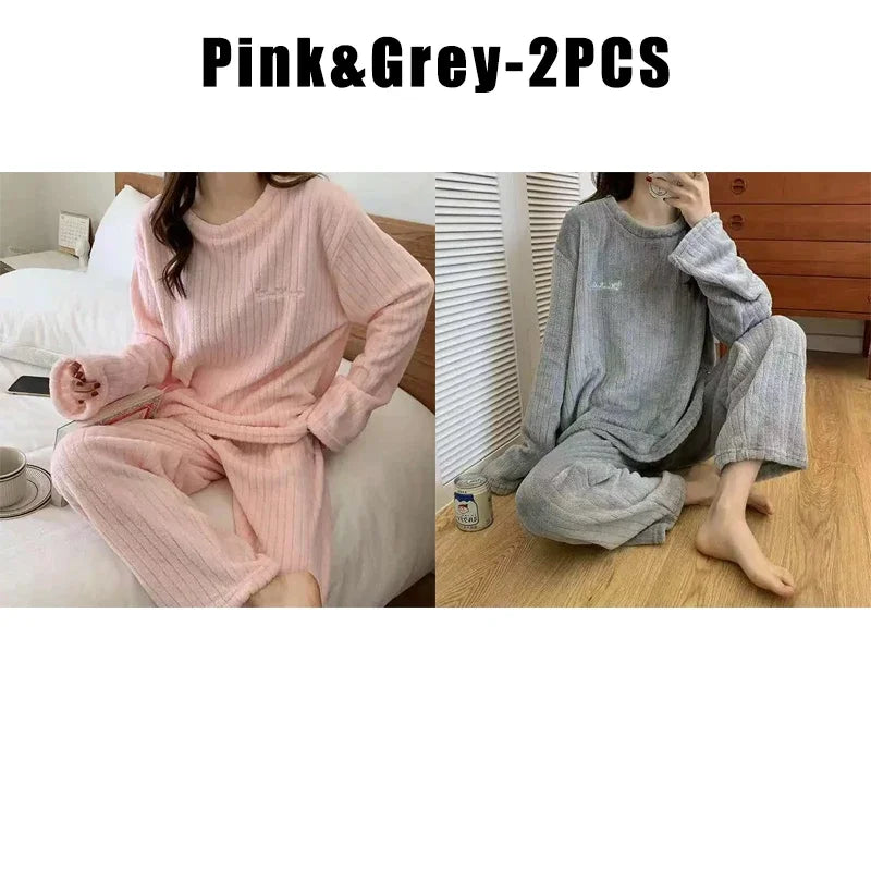 Women Coral Fleece Pajama Set Warm Round NeckSleepwear Cozy Loungewear Outfit