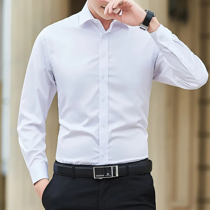 Men Solid Color Shirt Casual White Long Sleeve Shirt