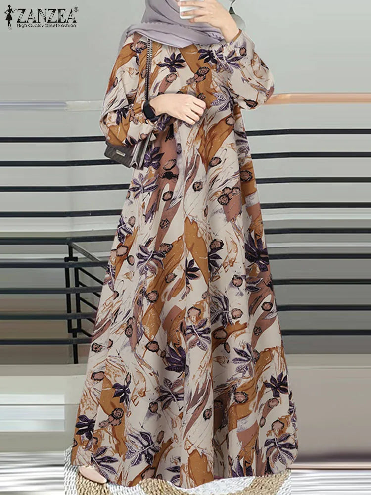 2025 ZANZEA Vintage Elegant Women Long Sleeve Muslim Dubai Dress Clothing Floral Printed Turkey Abaya Hijab Sundress