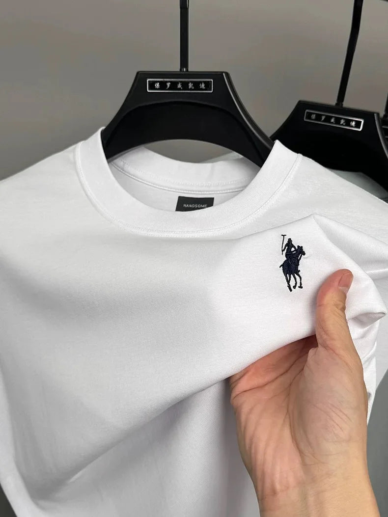 High end short sleeve T-shirt men's fashion brand pony embroidery summer new silk cotton breathable casual round neck Paul top