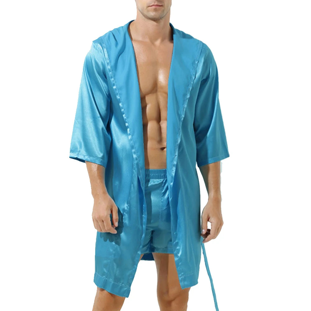 Men Bathrobe Pajamas Nightgown Hooded Loose Satin Silk Sleepwear Cardigan Gown Bath Robe Nightwear Sleep Bottoms 