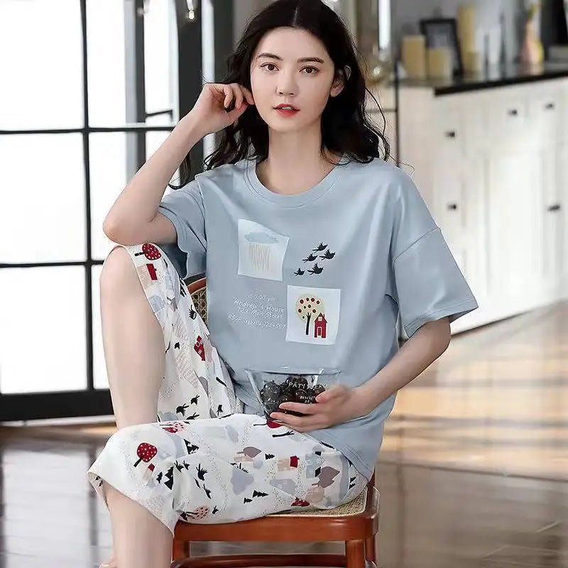 Women Sleepwear Half-Sleeve Seven-Quarter Trousers Student Nightwear Homewear Set Round Neck Cartoon Ladies Pajamas Loungewear
