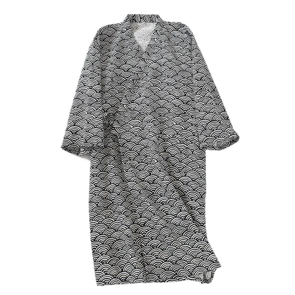 Sleepwear V-Neck Men's Kimono Bathrobe Long Sleeve Thin Japanese-Style Yukata Casual Print Men's Hooded Robe Homewear