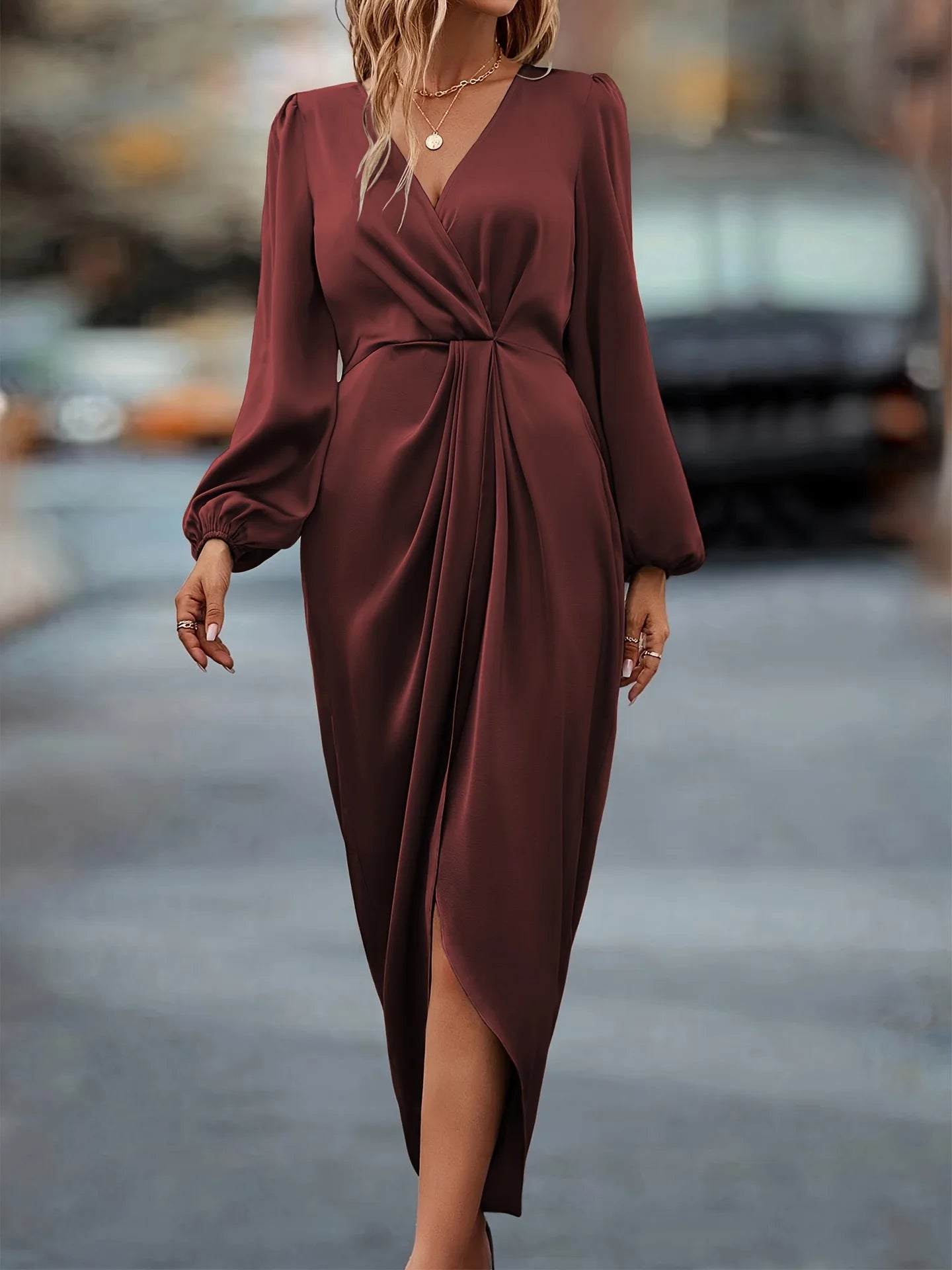 Women's Satin Evening Party Maxi Dress Draped Silk V-Neck Long Sleeve Office Lady  Midi Dresses Vestidos Sexy Chic Robes Longue
