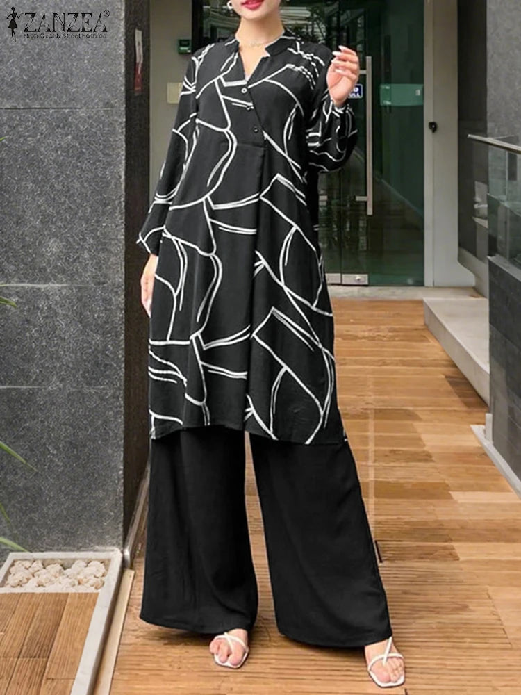 2025 ZANZEA Autumn Printed Tracksuits Women Outfits 2 Piece Sets Long Sleeve Blouse Wide Leg Pant Suit Long Shirt Loose Trousers