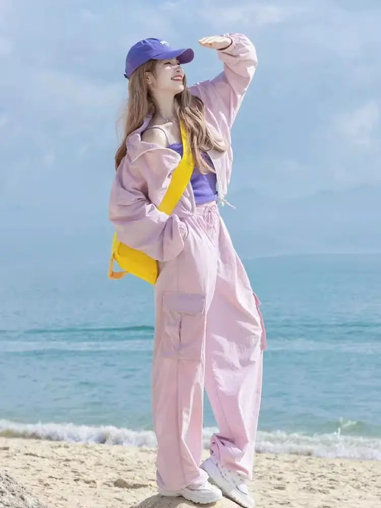 2025 New Women's Pink Tracksuit Set - Fashionable High-End Casual Sportswear with Matching Jacket & Pants for Everyday Elegance
