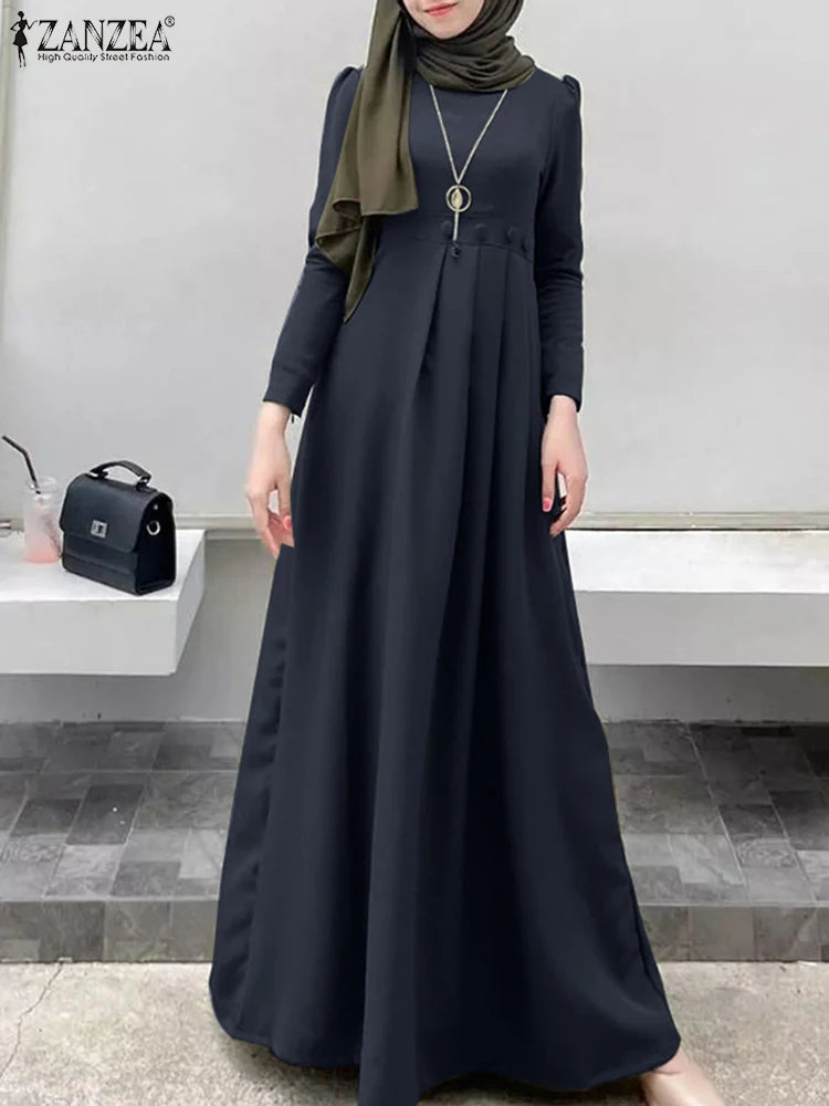 ZANZEA Women's Long Dress Spring Full Sleeve O-Neck Solid Sundress Casual Loose Elegant Robe