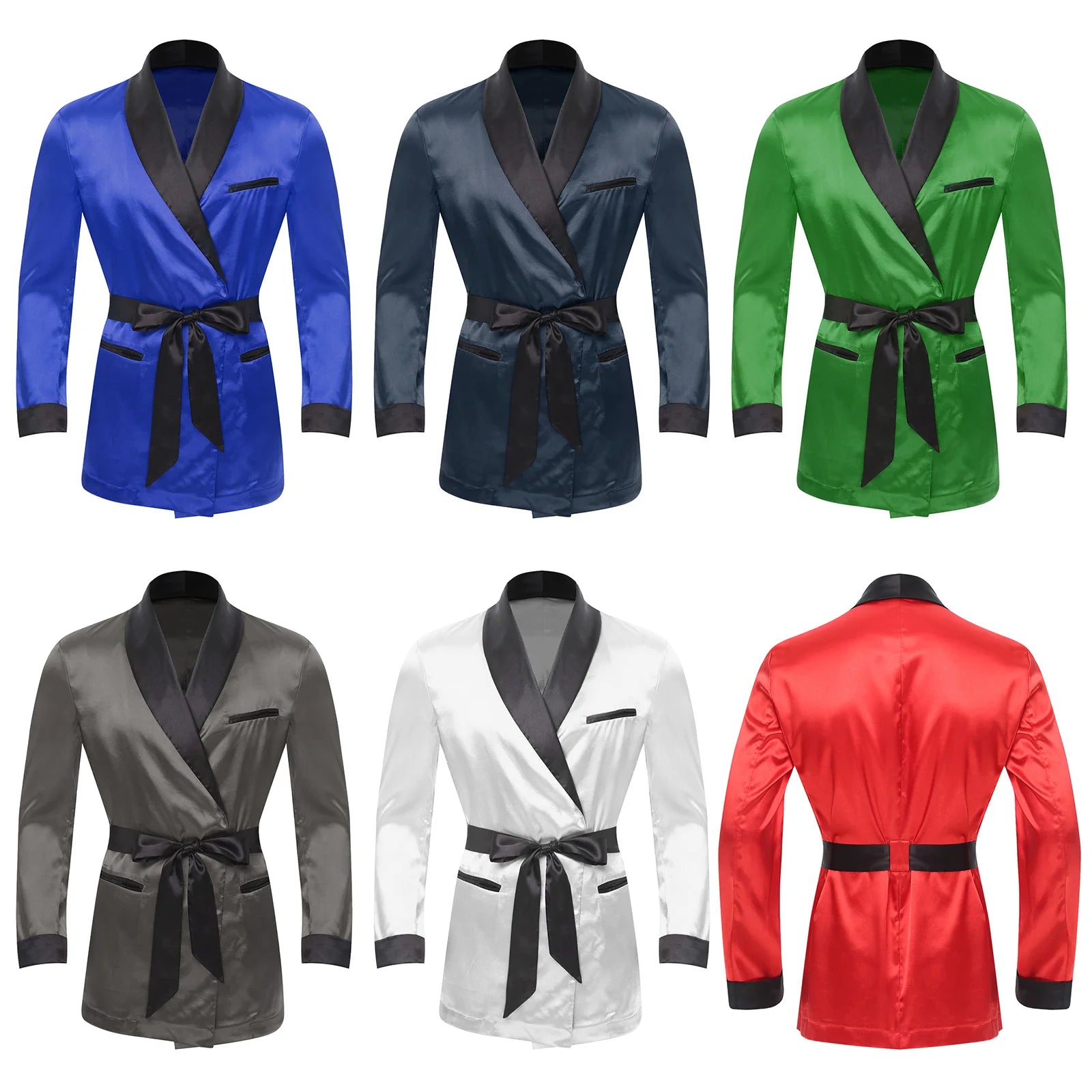 Mens Sleepwear Jacket Robe with Belt Pajamas Top Lapel Long Sleeve Side Pockets Bathrobe Nightwear/ Loungewear