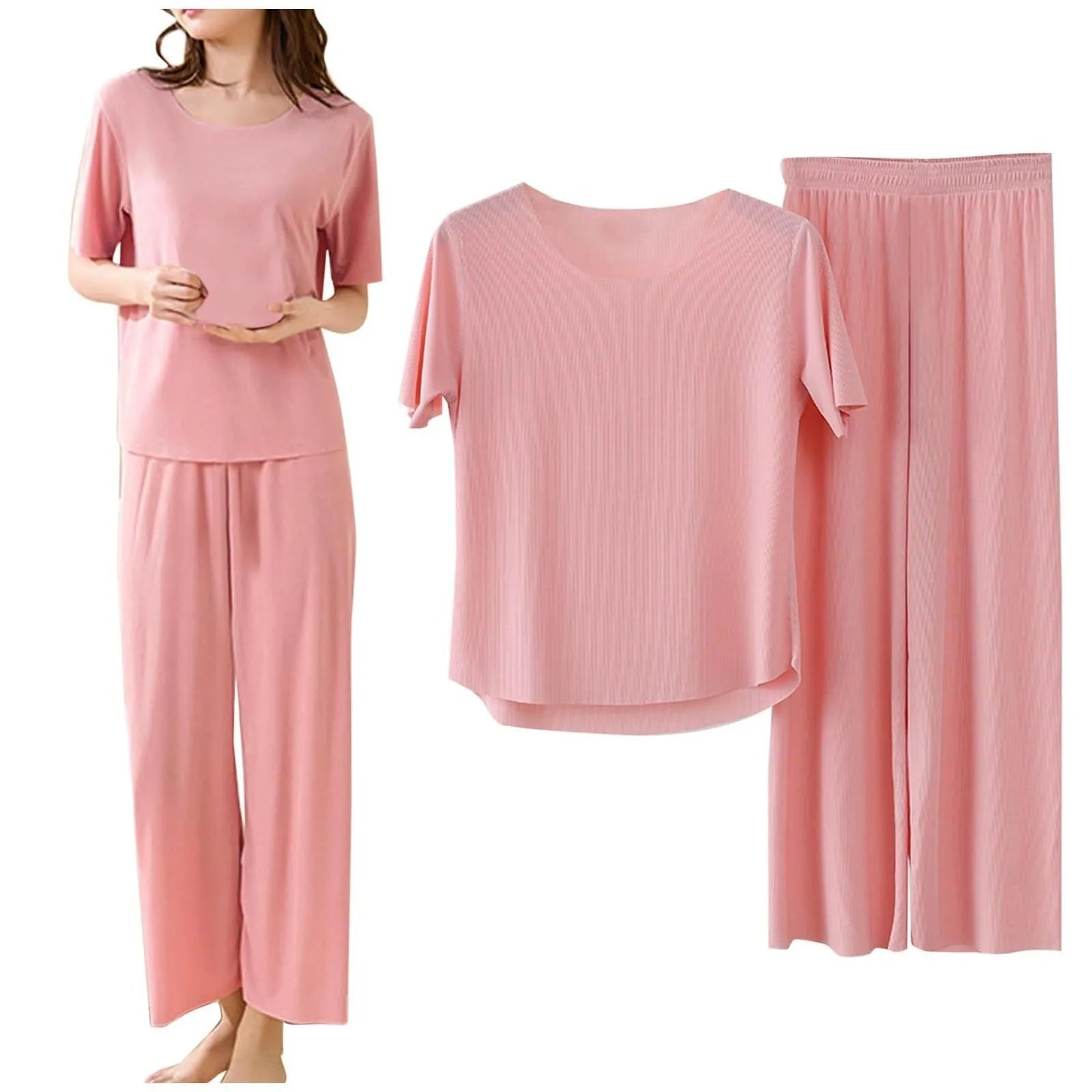 Women Casual Solid Color Sleepwear Set  Non-Marking Loose Short Sleeved Top Cropped Pants Homewear Ice Silk Pajamas Suit