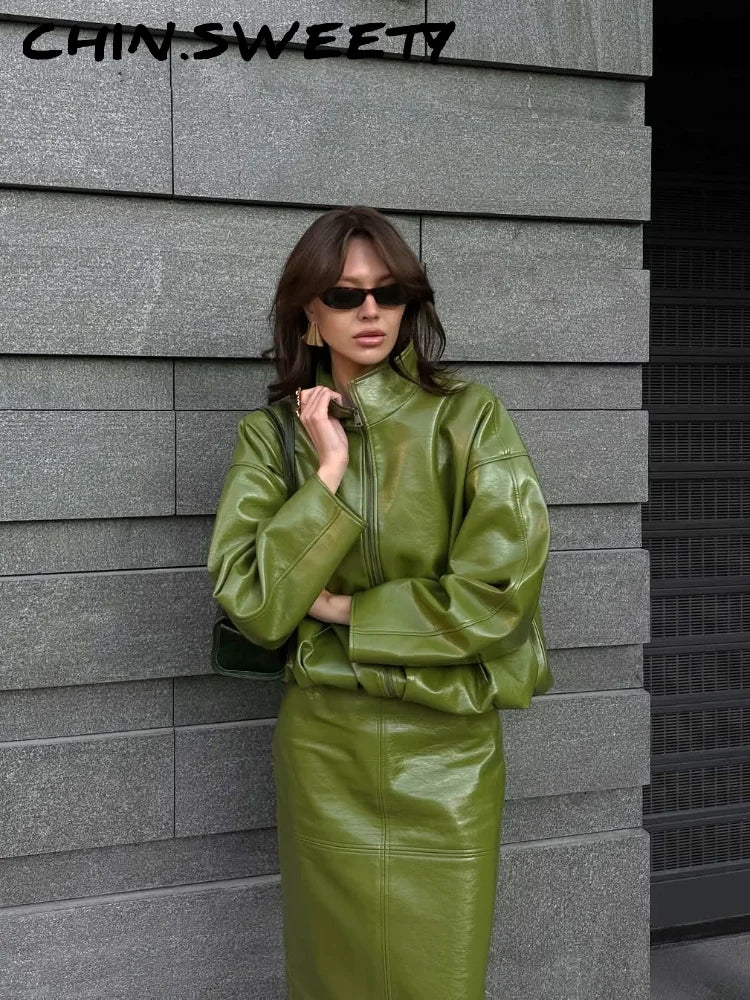 ladies Stylish Leather Solid Jacket Pants Set Women Stand Collar Zipper Coat Loose Trousers Sets Female 2025 Autumn Fashion Streetwears