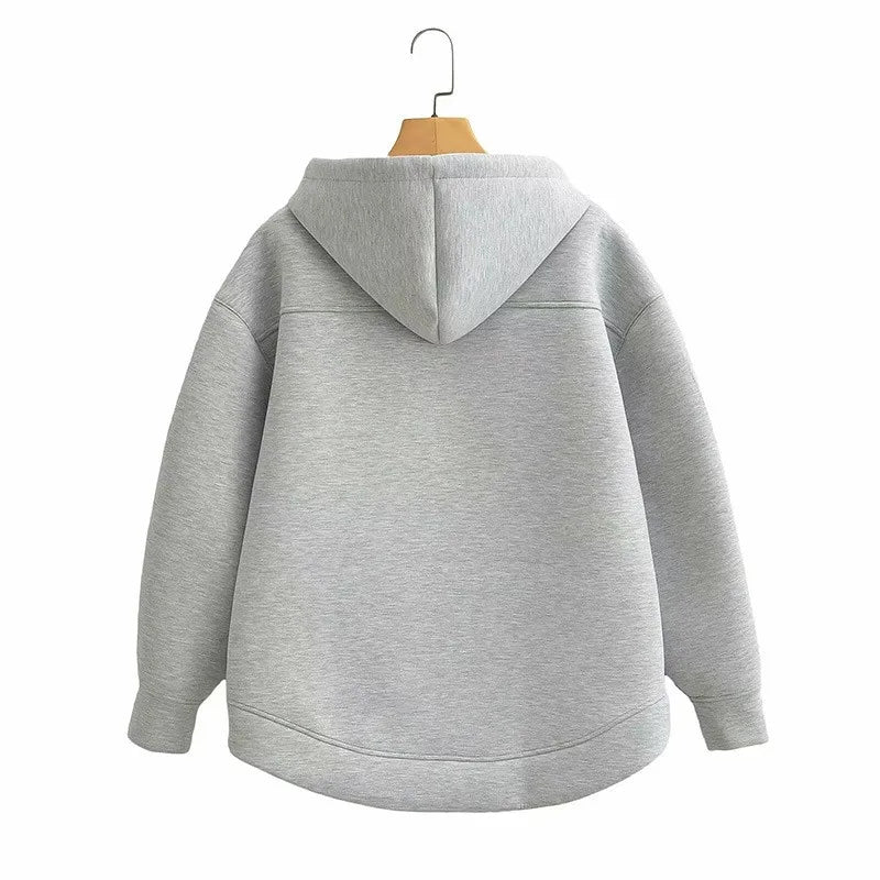 Women Gray Black Jacket With Hood Long Sleeve Zipper Jacket Casual Big Pocket