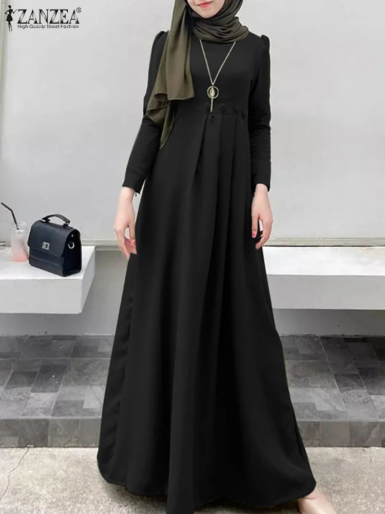 ZANZEA Women's Long Dress Spring Full Sleeve O-Neck Solid Sundress Casual Loose Elegant Robe