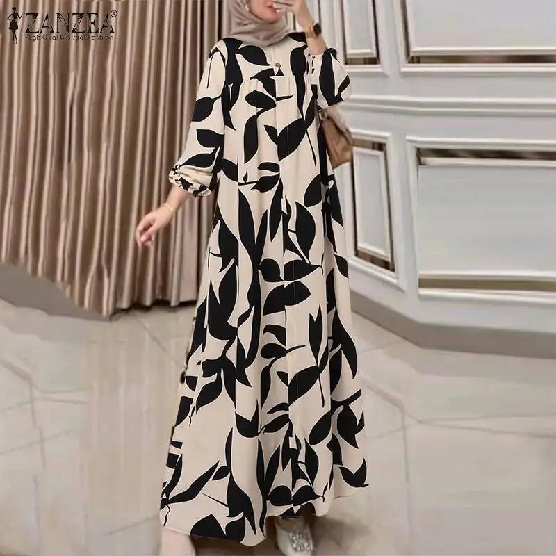 2025 ZANZEA Autumn Sundress Fashion Women Long Sleeve Dress Abaya Bohemain Floral Print Maxi