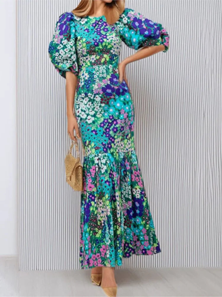 Fashion Print Dress For Women Casual O-Neck Puff Sleeve High Waist Dresses Robe Femme Elegant Party Womens Clothing Summer New