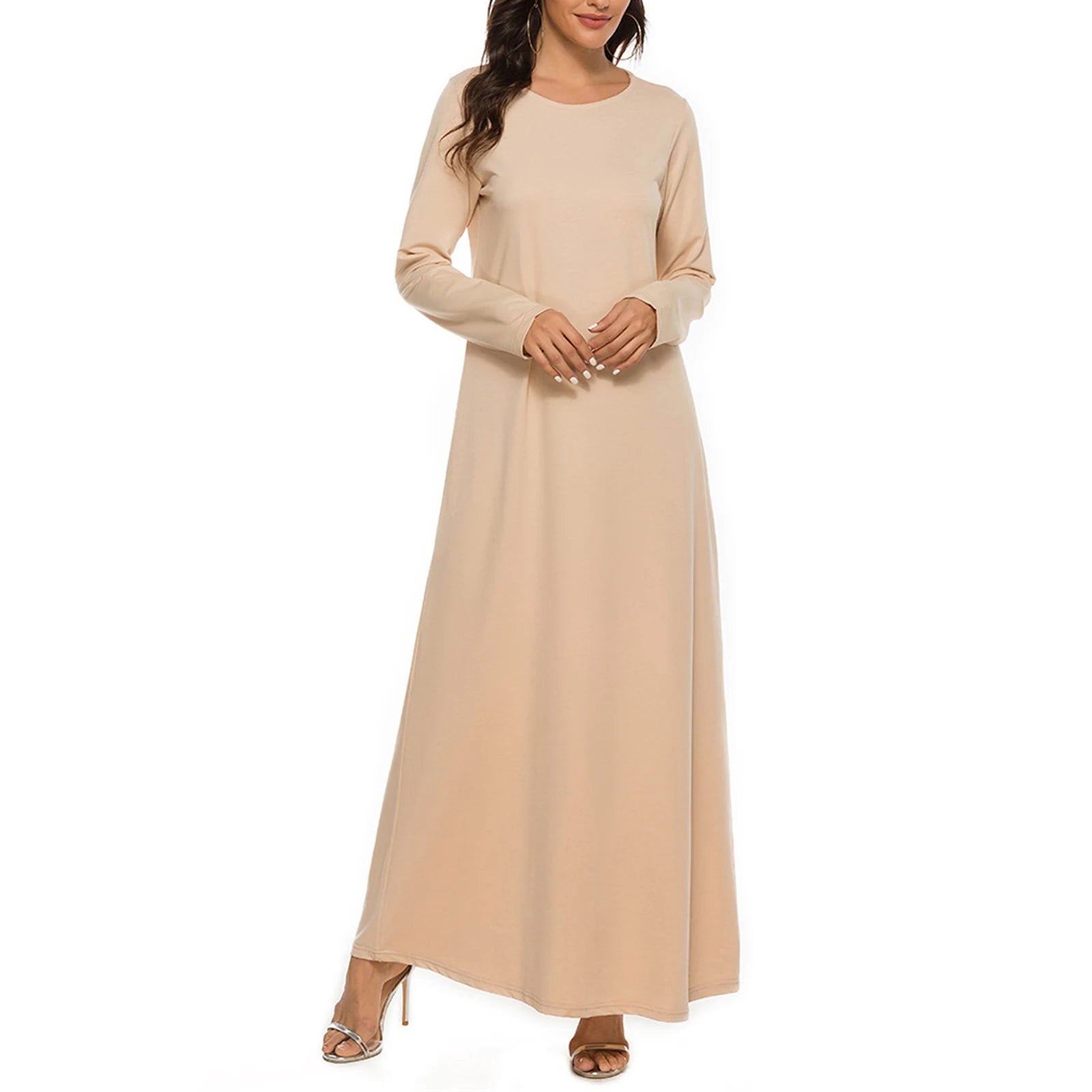 Women Solid Color  Arabian Dress Round Neck Sleeve  Long Robes Loose Basic Dress for Casual Wear